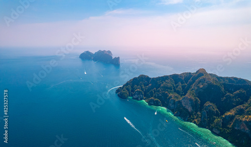 Aerial view Phi Phi island from drone in province of Krabi, travel landmark of Thailand. Tropical paradise with turquoise sea and white beach. photo