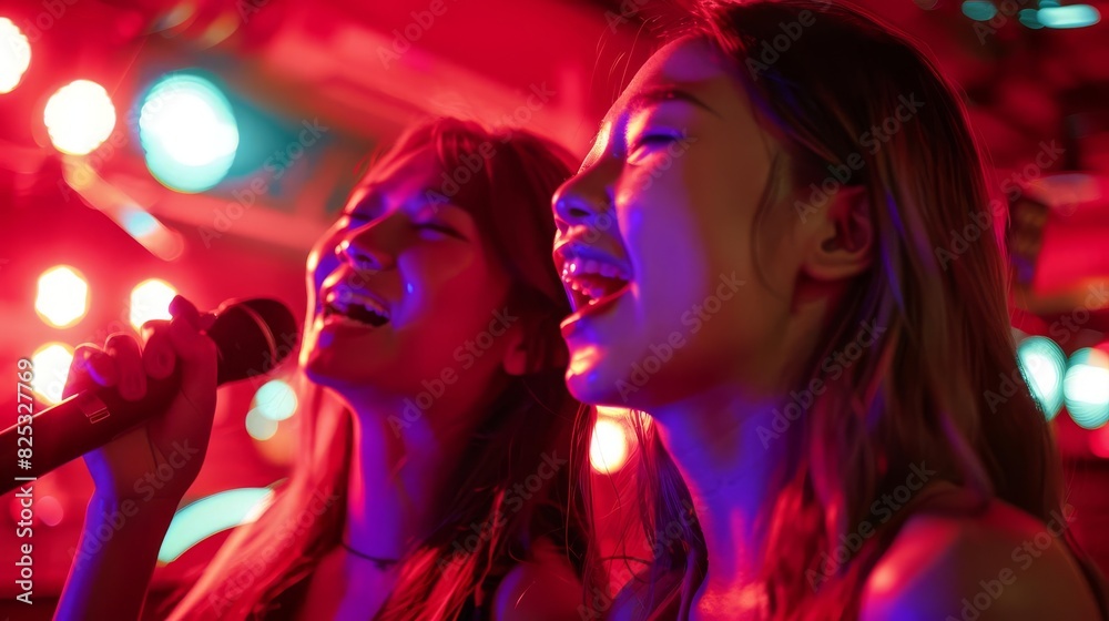 energetic asian women singing karaoke duet in nightclub red neon lights ambiance energetic asian women singing karaoke duet in nightclub red neon lights ambiance