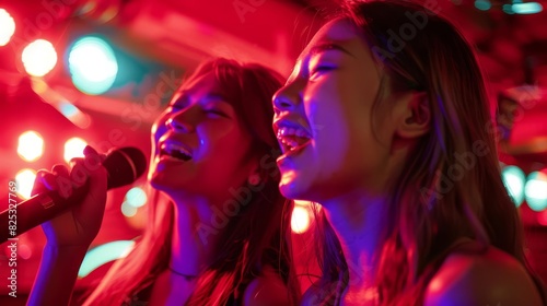 energetic asian women singing karaoke duet in nightclub red neon lights ambiance