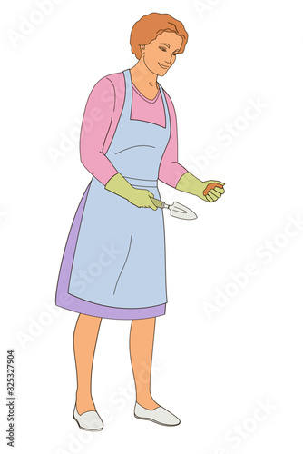 female character woman with a gardening spatula for transplanting plants in her hand