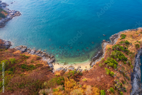 Viewpoint Promthep Cape of Phuket, Amazing aerial view above Nai Harn beach, Thailand travel photo