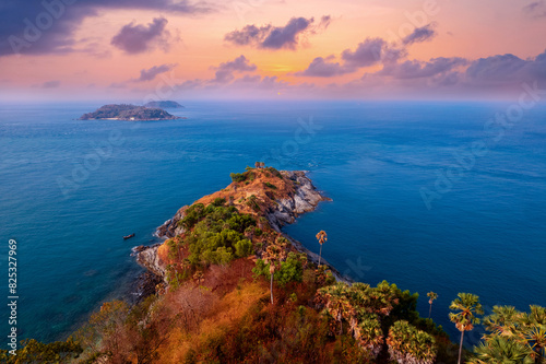Sunset viewpoint Promthep Cape of Phuket, aerial top view above Nai Harn beach, Thailand travel photo