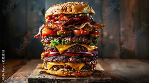 epic burger feast skyhigh hamburger loaded with excessive toppings food photography