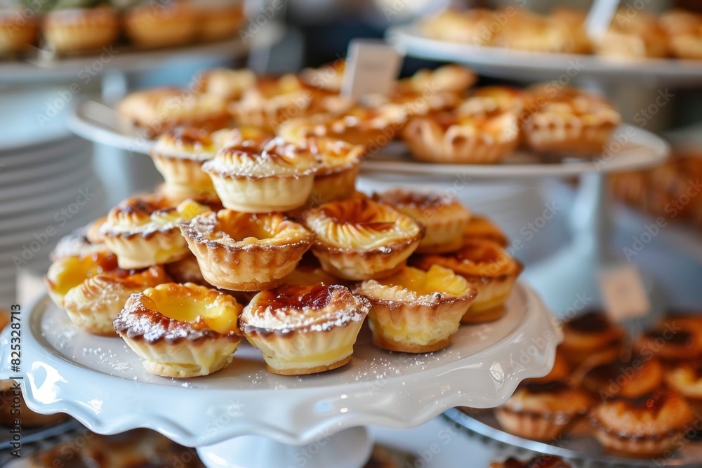 Mini Custard Tarts Exposed On Trays On A Table, Closeup, Daylight, Confectionery, Bakery Dessert Advertising Concept Mini Custard Tarts Exposed On Trays On A Table, Closeup, Daylight, Confectionery, Bakery Dessert Advertising Concept