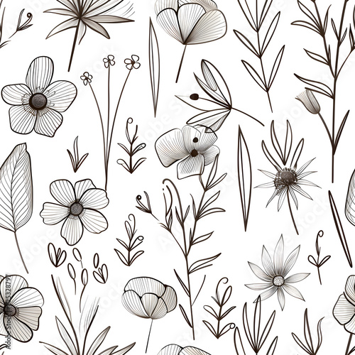 Seamless Silhouette Floral Pattern with Leaves and Flowers on Branch Hand Drawn Perfect for Modern Home Decor, Textiles, Wrapping Paper, Wallpaper, Fabric Print, Greeting Cards, Invitation Card