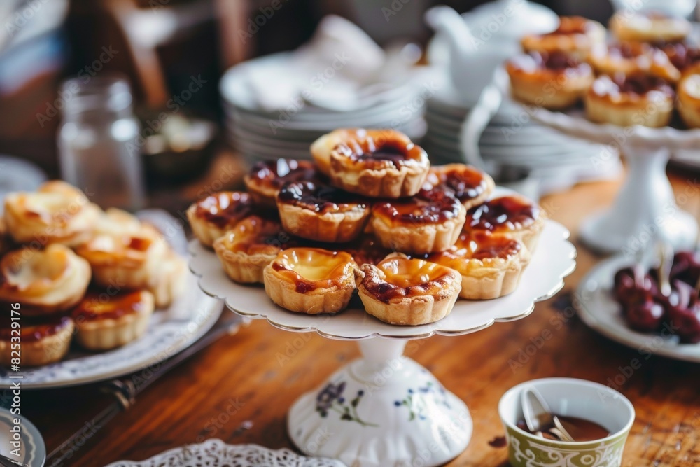 Mini Custard Tarts Exposed On Trays On A Table, Closeup, Daylight, Confectionery, Bakery Dessert Advertising Concept Mini Custard Tarts Exposed On Trays On A Table, Closeup, Daylight, Confectionery, Bakery Dessert Advertising Concept