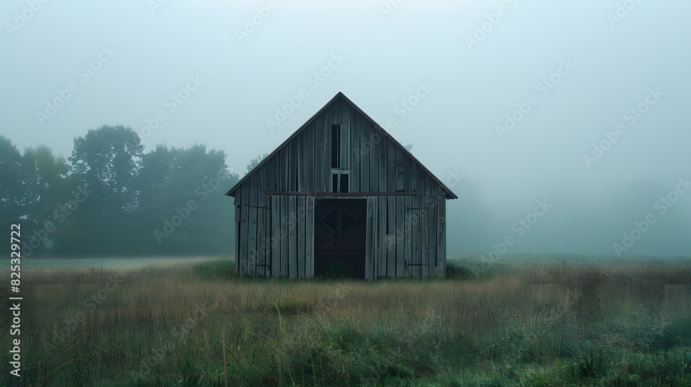 Obraz premium Rustic old barn surrounded by grassland and forest landscape.