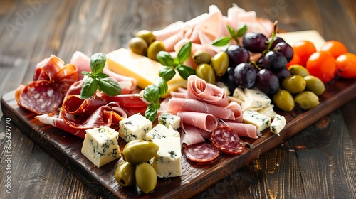 gourmet italian antipasto platter with prosciutto salami cheese olives grapes rustic wooden board food photography