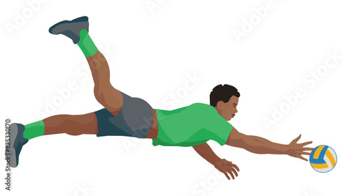 Isolated figure of an African volleyball player in profile green sportswear hitting a ball in a fall