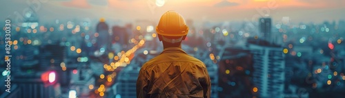A construction worker wearing a hard hat stands on a rooftop and gazes out over a cityscape at sunset.