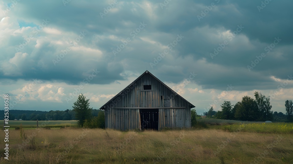 Rustic old barn surrounded by grassland and forest landscape. Rustic old barn surrounded by grassland and forest landscape.