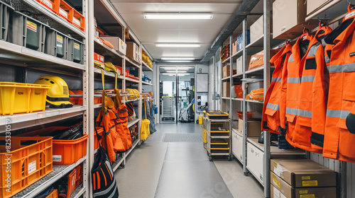 A well-organized PPE storage area in a workplace. Dynamic and dramatic composition, with cope space photo