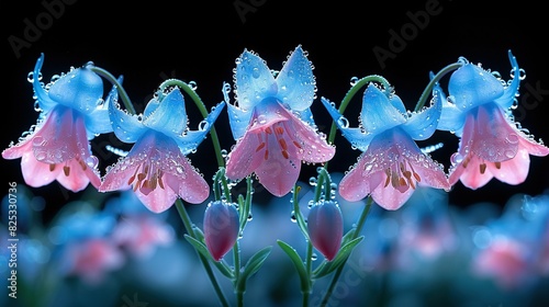  A cluster of pink and blue blossoms adorned with dewdrops and green tendrils featuring water droplets