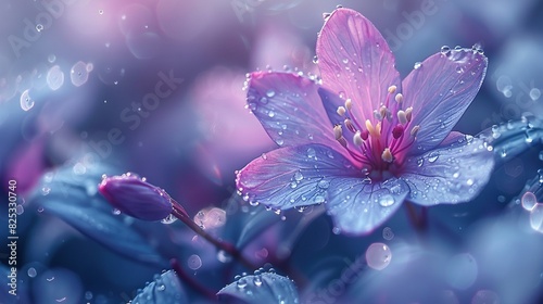  A zoomed-in picture of a lavender blossom with droplets of moisture on it, set against a hazy backdrop of blue foliage