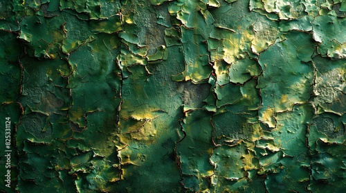  A zoom-in of tree bark with green and yellow paint chips