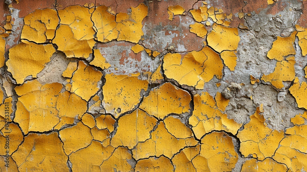 A high-resolution image of a detailed close-up of a wall with peeling yellow and gray paint, showing chipped and flaking areas A high-resolution image of a detailed close-up of a wall with peeling yellow and gray paint, showing chipped and flaking areas