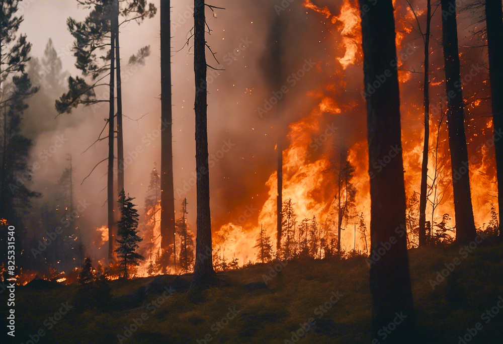 Landscape with fire in the forest. A burning forest Landscape with fire in the forest. A burning forest