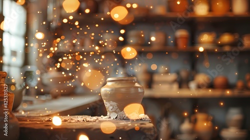 A cozy scene of a pottery studio, with a defocused backdrop of softly glowing particles © MURTAZA