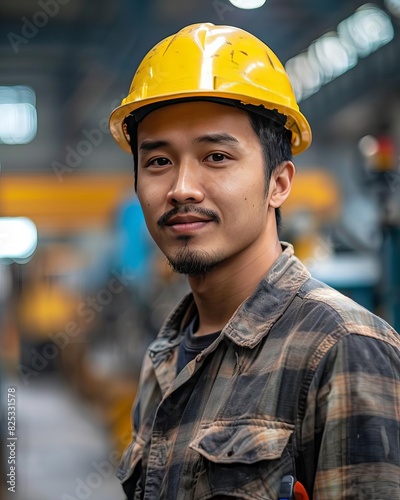 Portrait of a young male engineer wearing a hard hat and a plaid shirt in a factory.