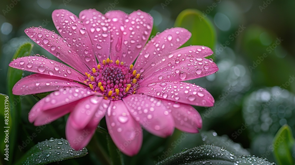 Pink flower with water droplets on petals and green leaves in background Pink flower with water droplets on petals and green leaves in background