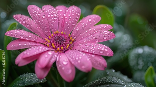   Pink flower with water droplets on petals and green leaves in background