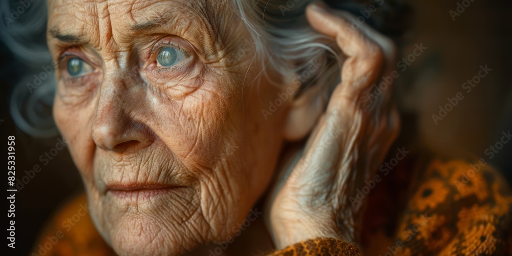Closeup of an elderly woman with a hand to her ear, trying to listen, detailed expression, warm lighting, high resolution, hearing difficulty, stock photography