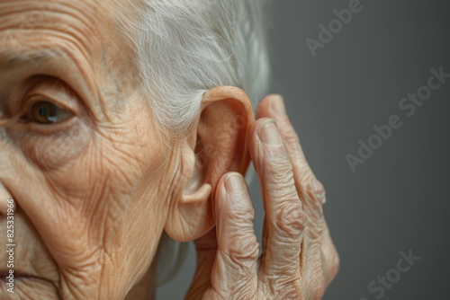 Closeup of an elderly person cupping ear, trying to hear, detailed wrinkles, soft lighting, high resolution, hearing difficulty, stock photography © tanapat