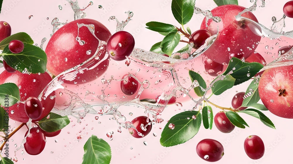 A cluster of cherries plunging into a glass filled with water against a pink background, adorned with leaves and droplets A cluster of cherries plunging into a glass filled with water against a pink background, adorned with leaves and droplets