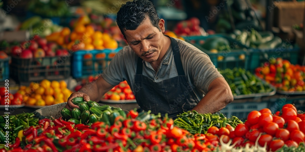 Closeup of a worker sorting fresh vegetables, vibrant colors, detailed textures, market setting, high resolution, agricultural theme, stock photo