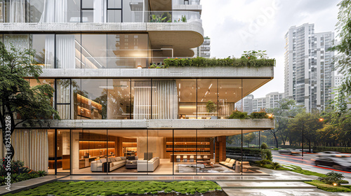 Contemporary Suburban Luxury  Elegant Residential Architecture in a Wealthy Urban Area with Curved Design Elements and Large Windows Wallpaper Digital Art Poster Brainstorming Map Magazine Background 