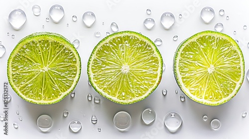   A trio of limes nestled together atop a wet table photo