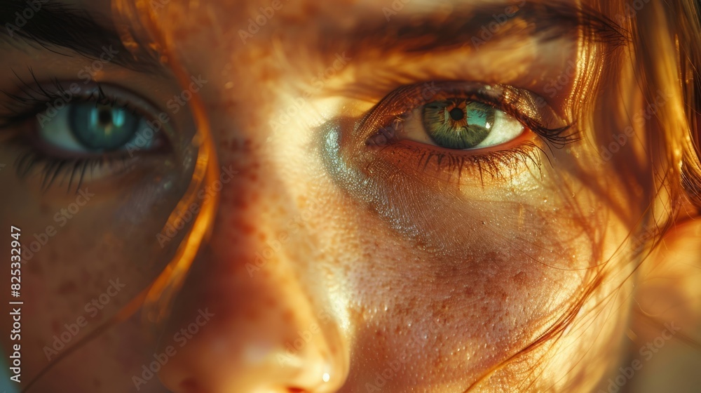 Closeup of a woman biting her lip, eyes looking away, detailed facial features, warm lighting, high resolution, regretful emotion, stock photography