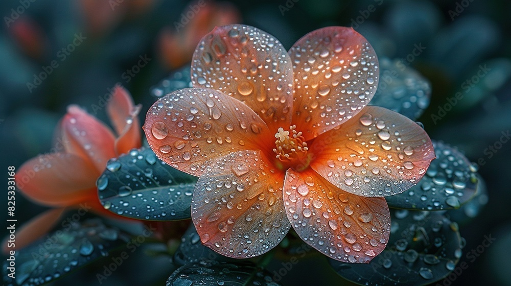   A photo featuring a close-up of a flower with droplets of water and a green plant adorned with red blossoms in the backdrop
