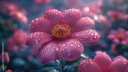  A detailed image of a pink blossom with water droplets and a hazy backdrop of blue and pink flora