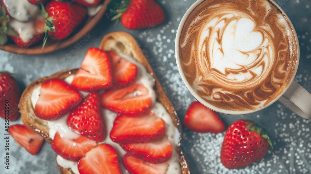 A slice of bread with strawberries, a cup of cappuccino, and a basket of strawberries A slice of bread with strawberries, a cup of cappuccino, and a basket of strawberries