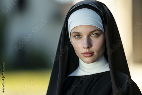 Closeup of a young nun in traditional habit, exuding peacefulness and grace photo