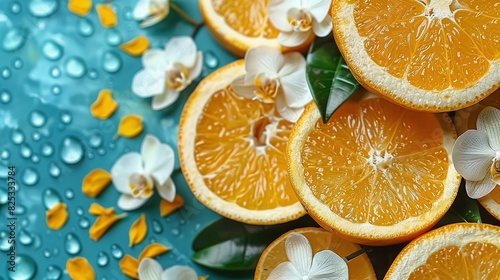   Orange halves arranged with flowers and leaves on blue surface  dripping with water