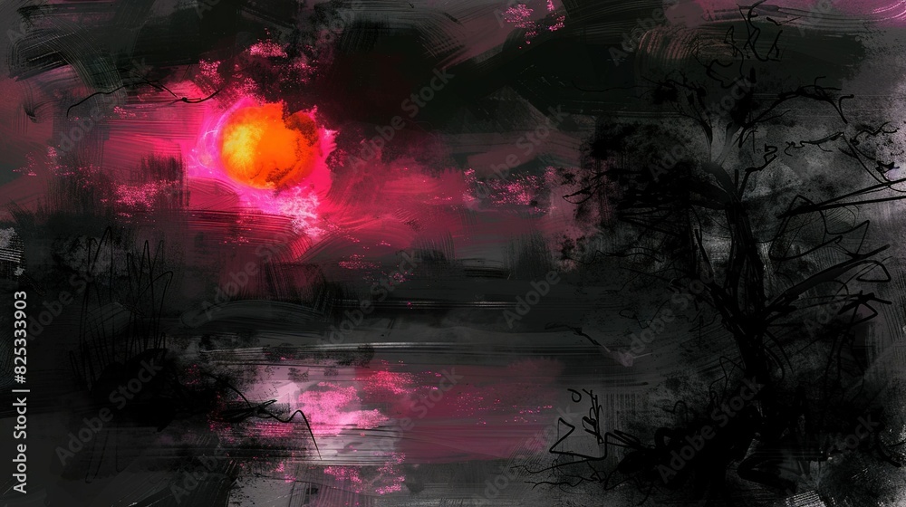 Fototapeta premium A painting featuring black and pink hues, trees, and an orange ball against a monochromatic backdrop