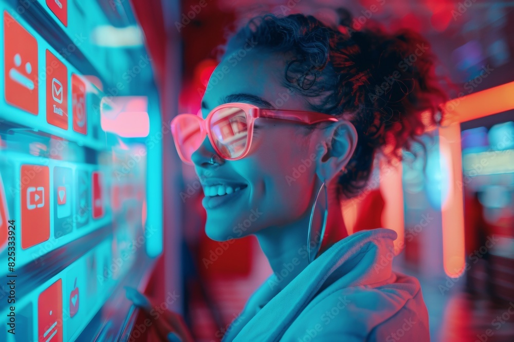 Young Mixed Ethnicity Woman Engaging with Social Media on Holographic Display in Vibrant Cafe Setting Young Mixed Ethnicity Woman Engaging with Social Media on Holographic Display in Vibrant Cafe Setting