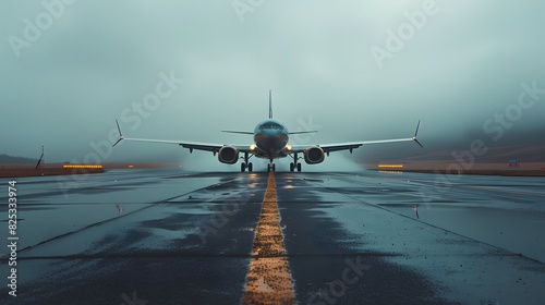 Front view of a passenger airplane on the runway, ready for takeoff.