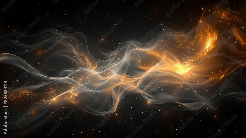   A wave of white and yellow smoke against a black backdrop, adorned with sparkling gold stars