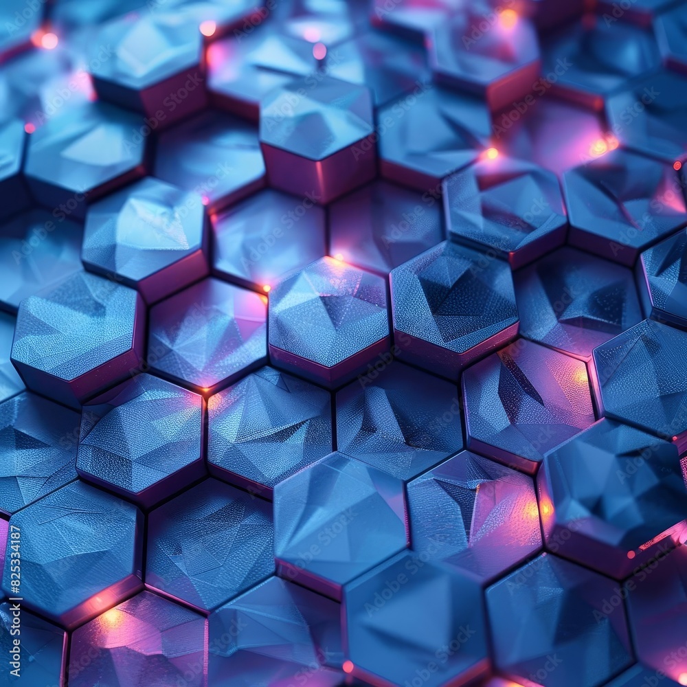 Create an abstract image of blue hexagons with glowing pink centers. The hexagons should appear to be made of metal with a rough, textured surface. Create an abstract image of blue hexagons with glowing pink centers. The hexagons should appear to be made of metal with a rough, textured surface.