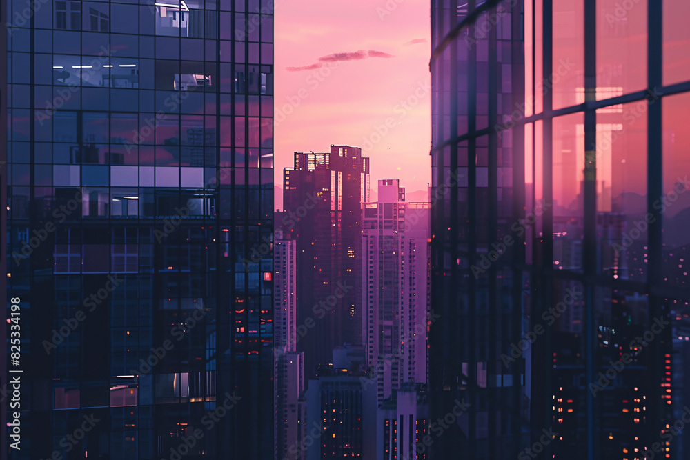 Obraz premium A cityscape featuring tall, reflective buildings at dusk capturing the beauty of an urban sunset