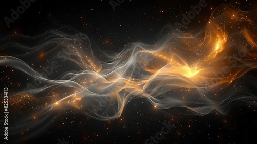  A wave of white and yellow smoke against a black backdrop, adorned with sparkling gold stars