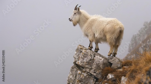 majestic mountain goat on cliffs edge foggy landscape photography