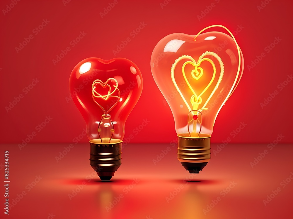 Light bulb with a heart shape glowing filament on a red background. Light bulb with a heart shape glowing filament on a red background.