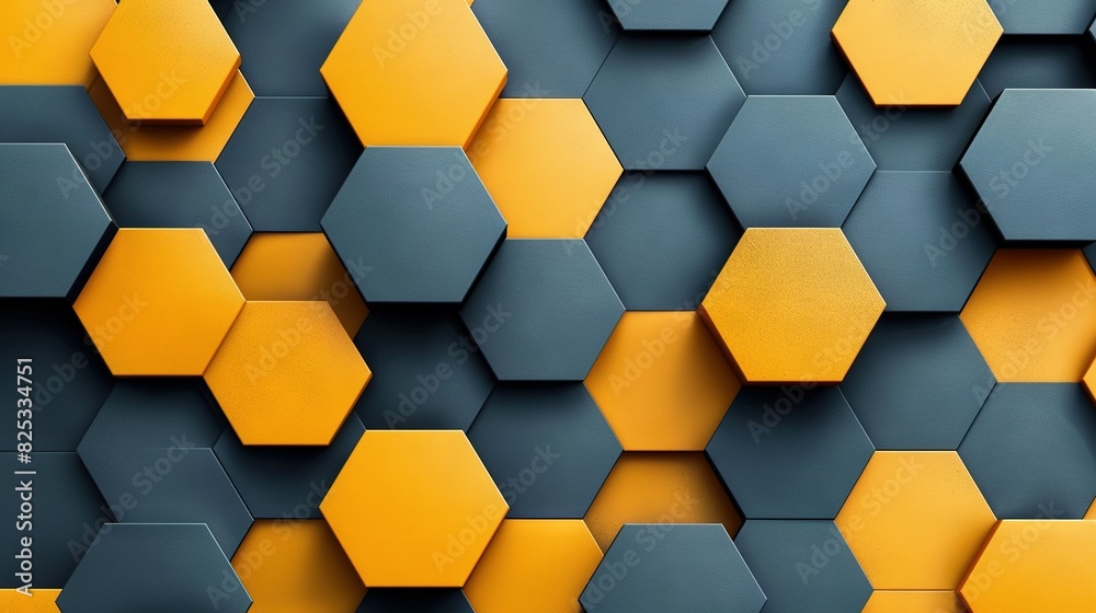 Hexagonal shapes that are yellow, gray with black ones in between them Hexagonal shapes that are yellow, gray with black ones in between them