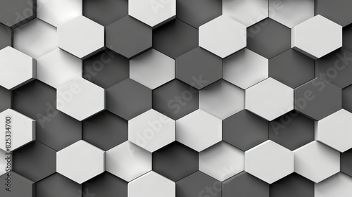  A monochromatic image features a hexagonal grid of white shapes on a black or gray backdrop