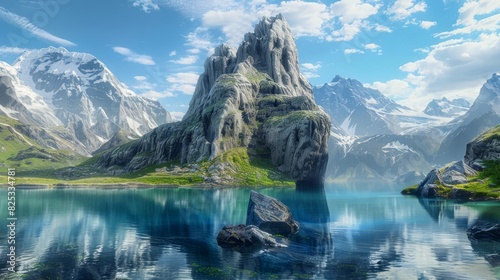 majestic rock formation by serene lake aweinspiring natural landscape aigenerated artwork © furyon