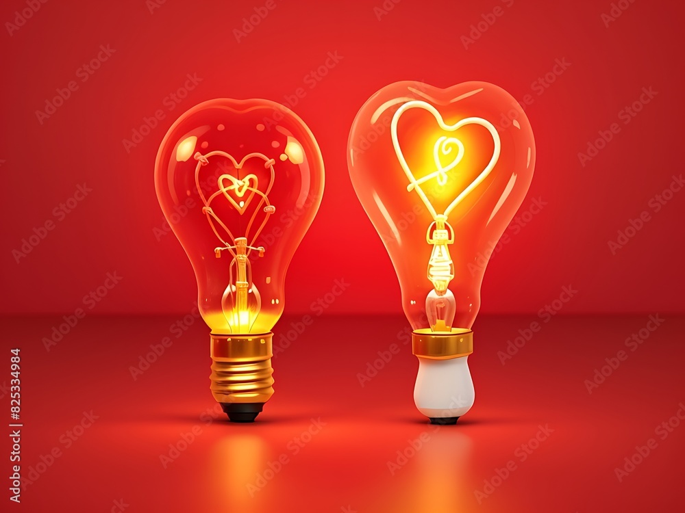 Light bulb with a heart shape glowing filament on a red background. Light bulb with a heart shape glowing filament on a red background.
